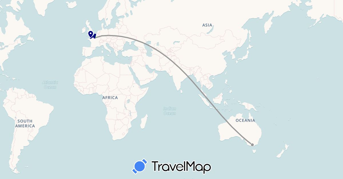 TravelMap itinerary: driving, bus, plane, train, hiking in Australia, Belgium, Germany, France, Singapore (Asia, Europe, Oceania)